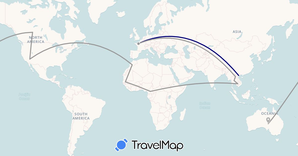 TravelMap itinerary: driving, plane in Australia, Canada, Cameroon, France, Cambodia, Laos, Morocco, Senegal, Thailand, United States, Vietnam (Africa, Asia, Europe, North America, Oceania)